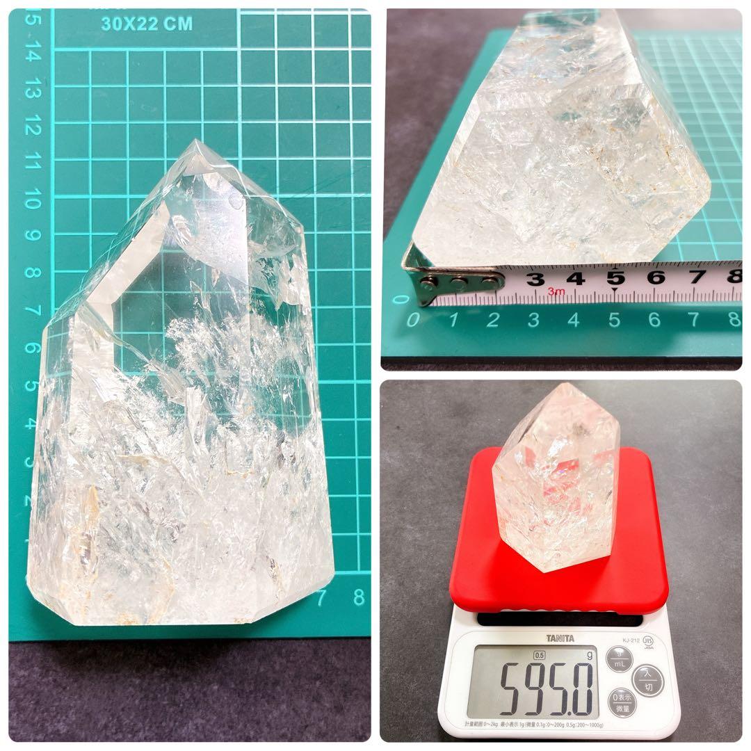 虹入り天然水晶 ロッククリスタル 六角形 595g パワーストーン レインボー