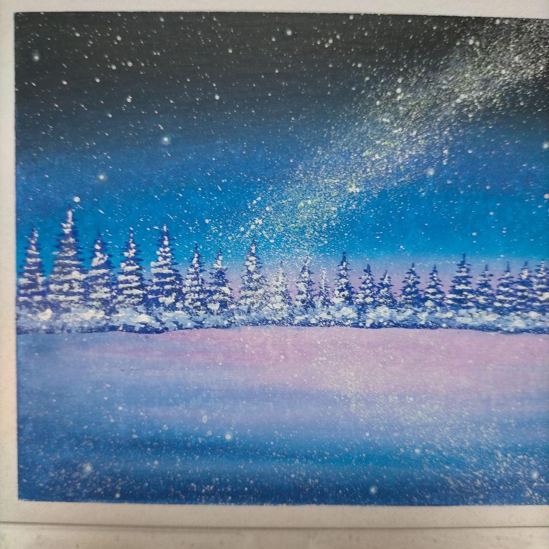 冬の湖畔の風景画　天の川　オイルパステル画原画 ハガキサイズ 絵画 #128