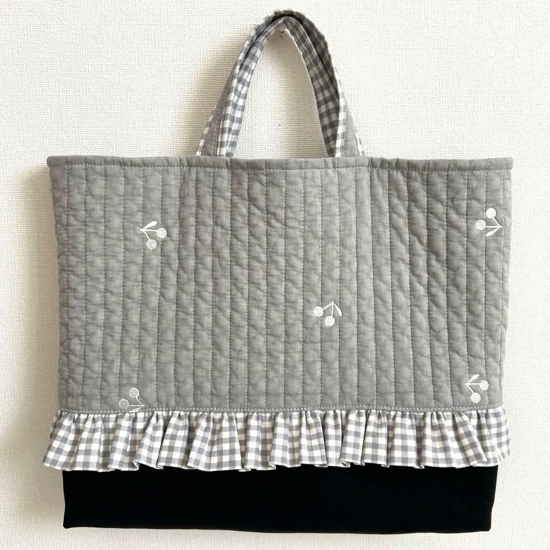 入園入学3点セット　【グレーさくらんぼ×黒】　女の子　レッスンバッグ　手提げ