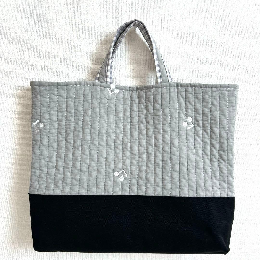 入園入学3点セット　【グレーさくらんぼ×黒】　女の子　レッスンバッグ　手提げ