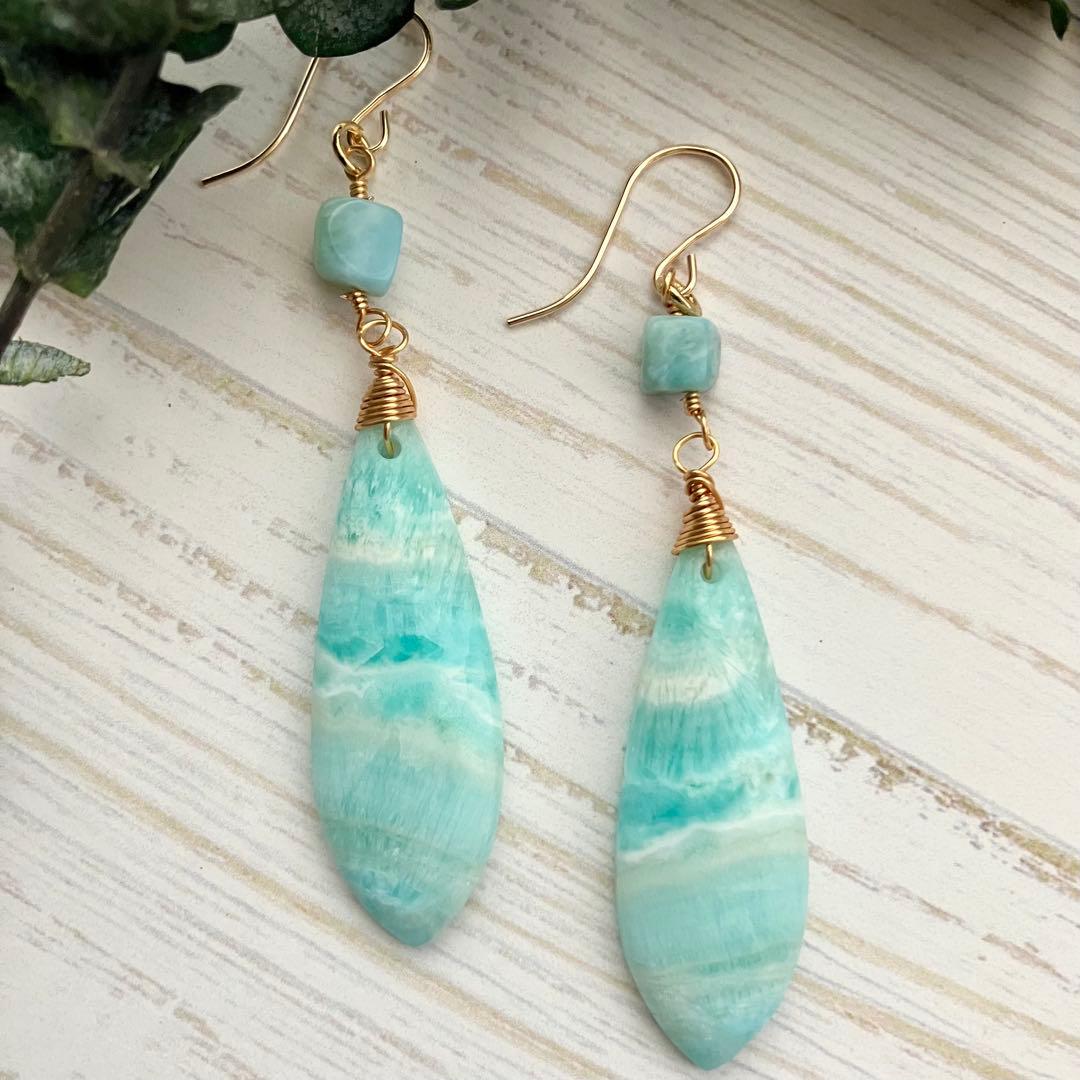 14kgf 天然石 一点物 ヘミモルファイト ラリマー ピアス イヤリング