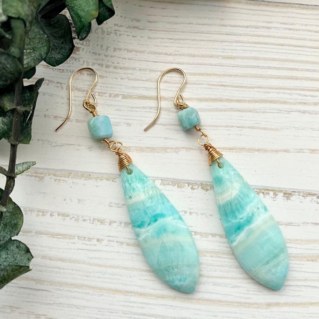 14kgf 天然石 一点物 ヘミモルファイト ラリマー ピアス イヤリング