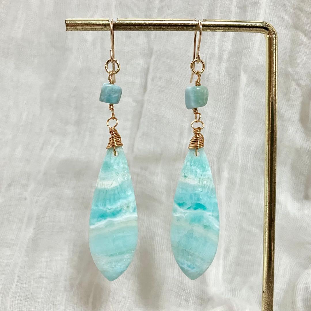 14kgf 天然石 一点物 ヘミモルファイト ラリマー ピアス イヤリング