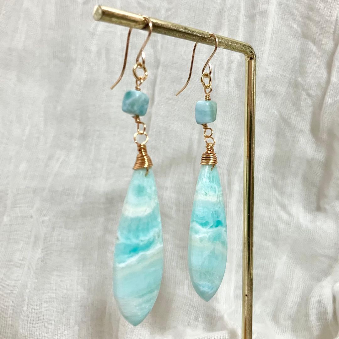 14kgf 天然石 一点物 ヘミモルファイト ラリマー ピアス イヤリング