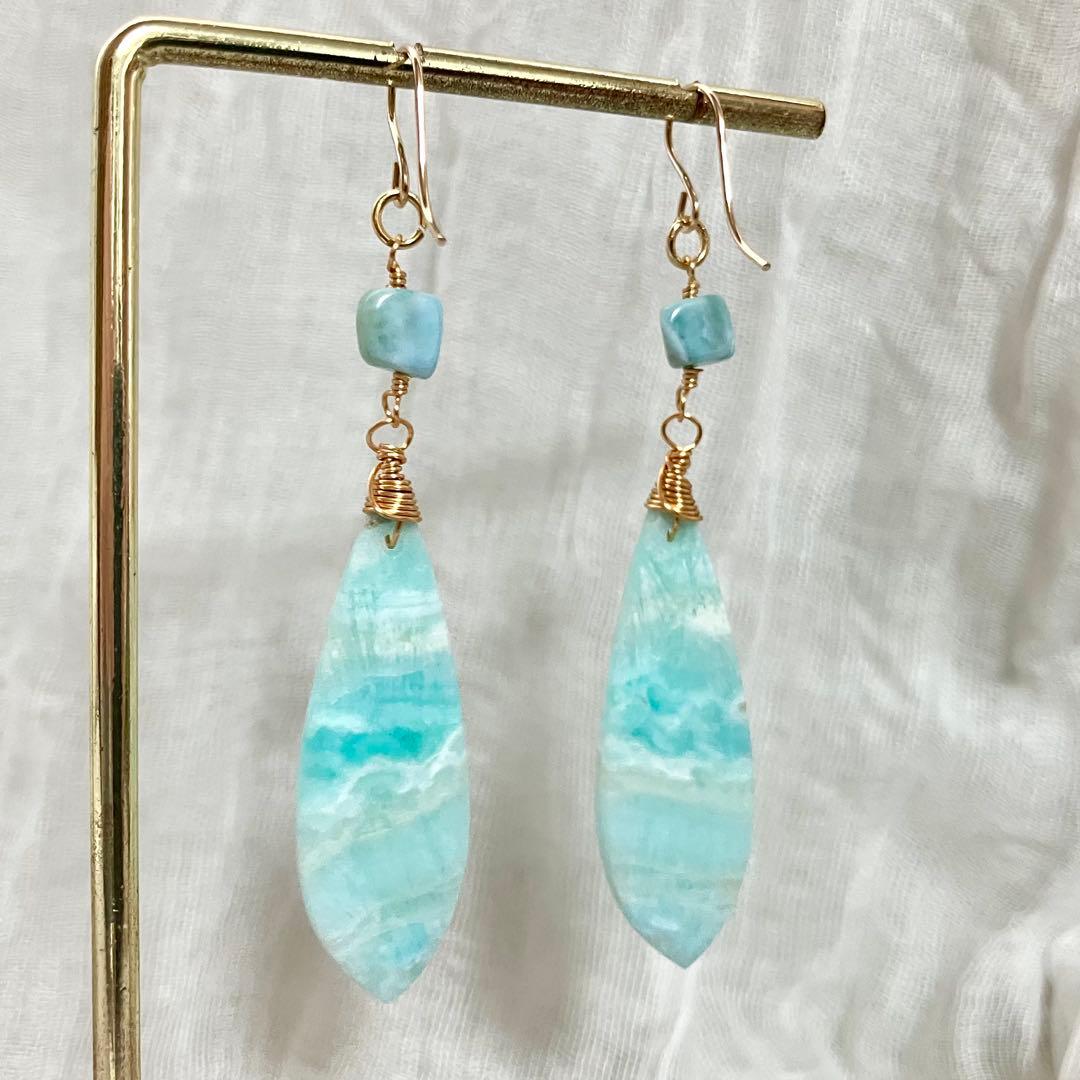 14kgf 天然石 一点物 ヘミモルファイト ラリマー ピアス イヤリング