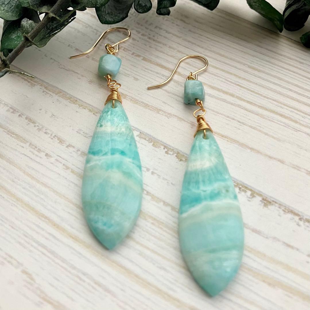 14kgf 天然石 一点物 ヘミモルファイト ラリマー ピアス イヤリング