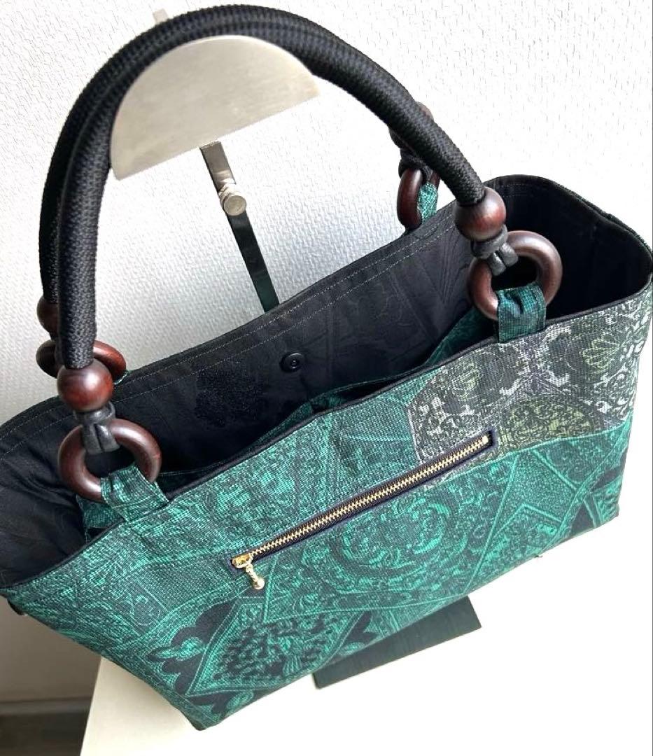 大島紬グリーントートバッグ　ブラック帯