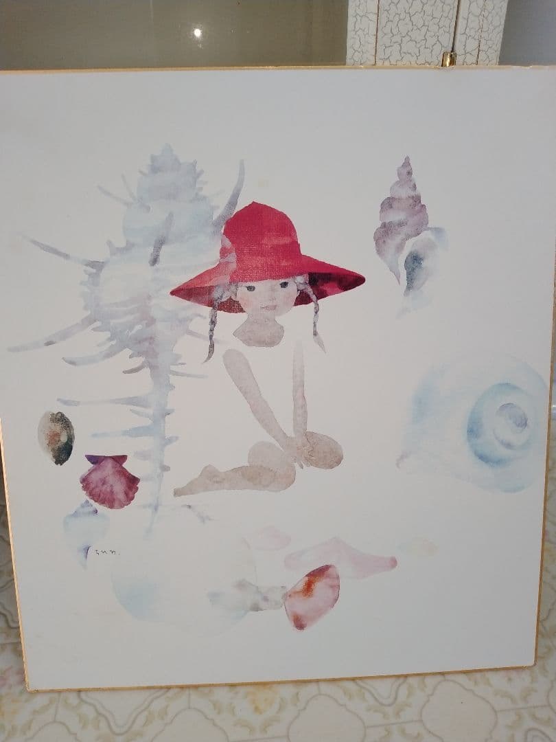 いわさきちひろ　ビーズの指輪　水彩画　木製フレーム　いわさきちひろ色紙3枚セット