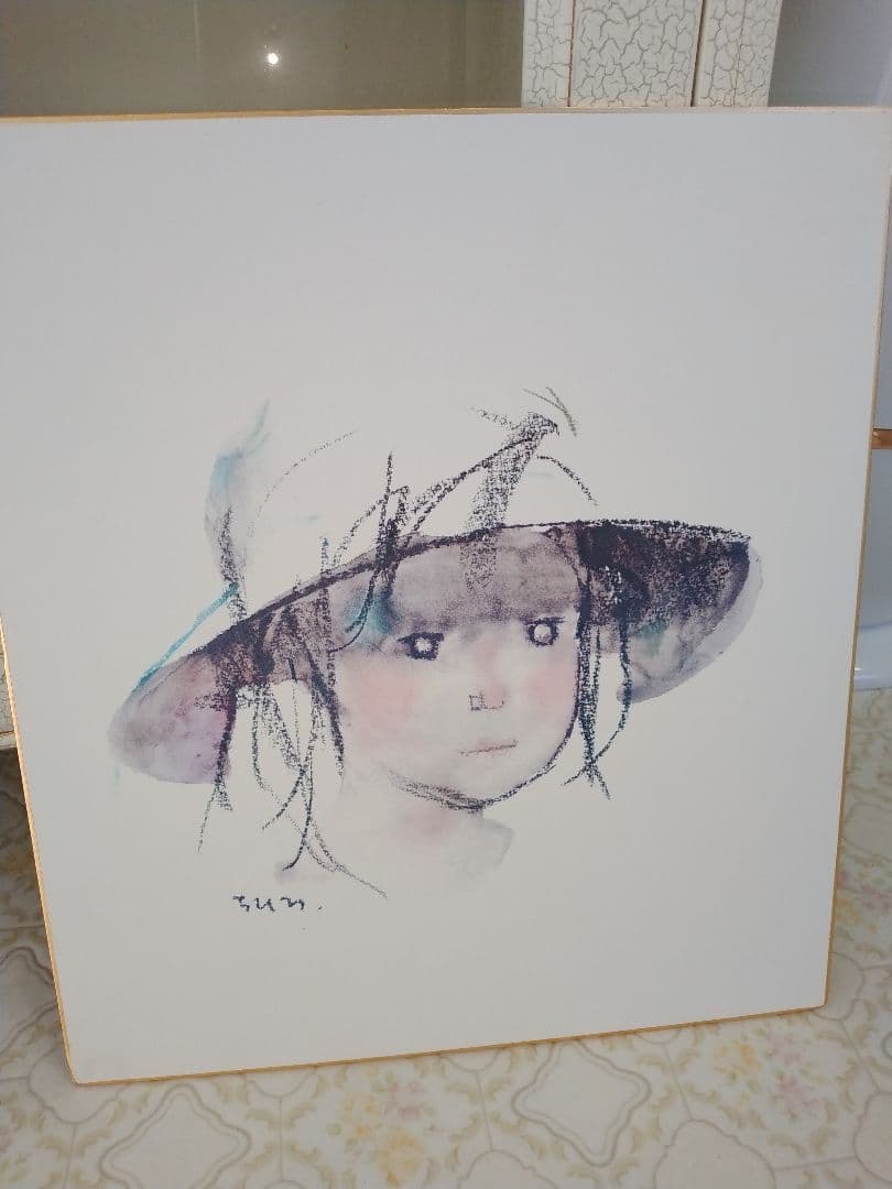 いわさきちひろ　ビーズの指輪　水彩画　木製フレーム　いわさきちひろ色紙3枚セット