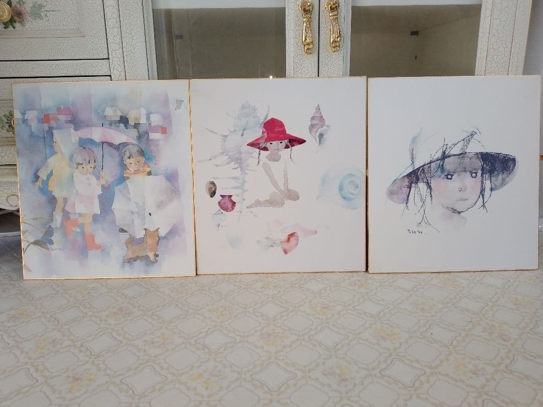 いわさきちひろ　ビーズの指輪　水彩画　木製フレーム　いわさきちひろ色紙3枚セット