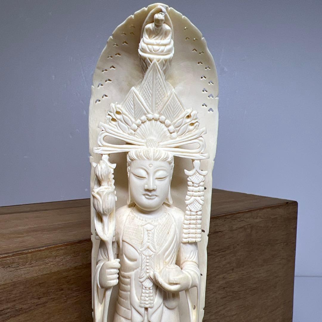極上　和彫　在銘　聖観世音像　高さ25cm 417g 東K8-0211☆2F
