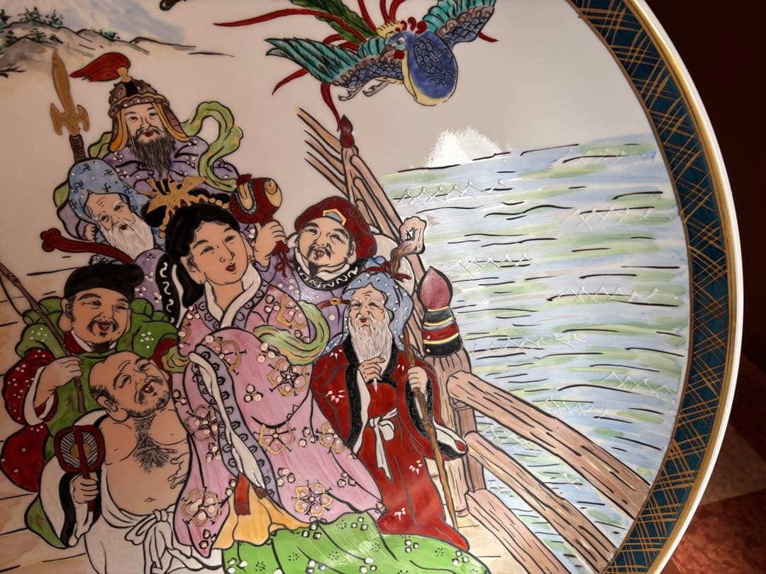 隆泉作　直径60cm 飾り皿　特大絵皿　お皿立て付き