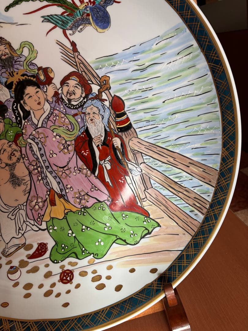 隆泉作　直径60cm 飾り皿　特大絵皿　お皿立て付き
