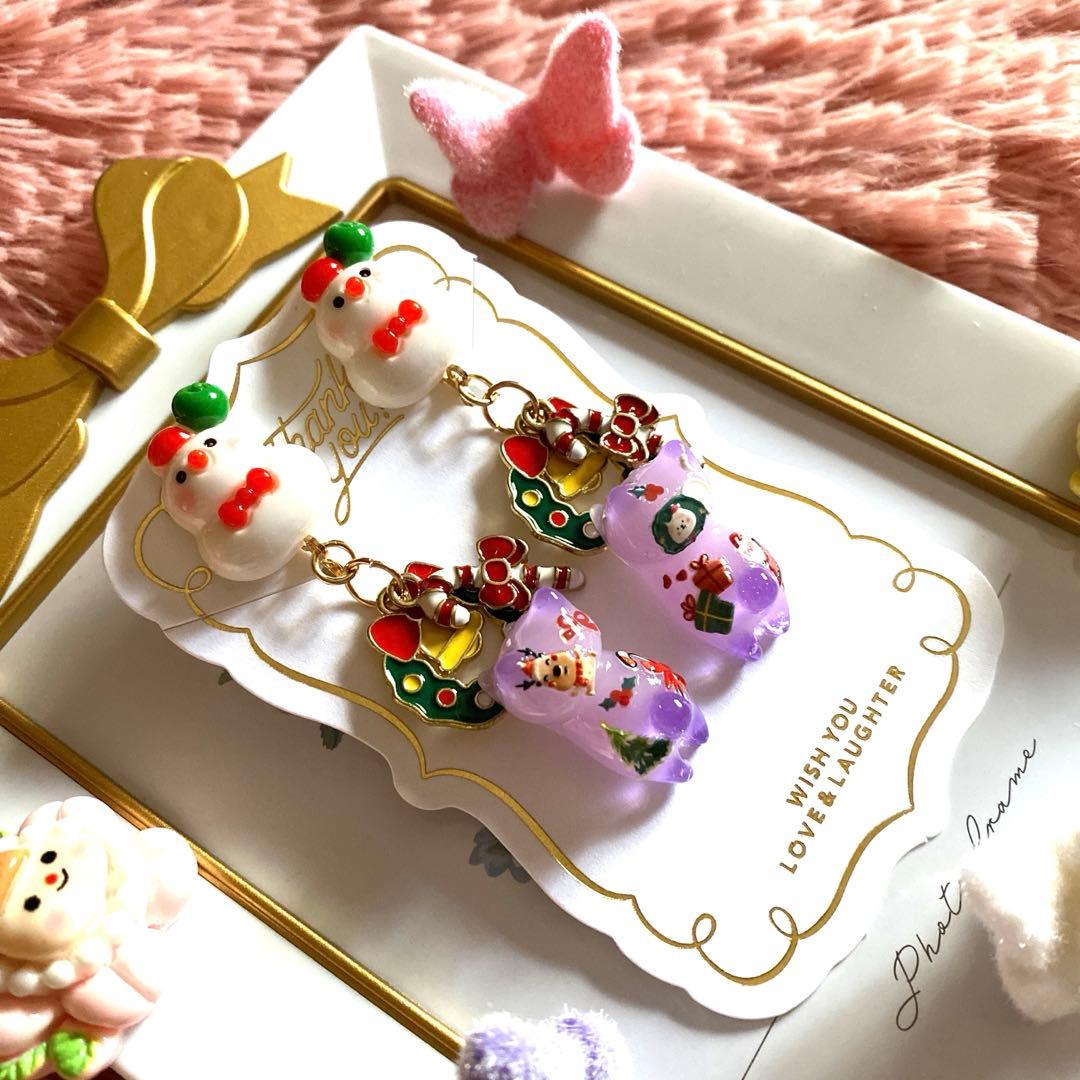 ☆雪だるまとリースが可愛いXmas猫ちゃんイヤリング☆