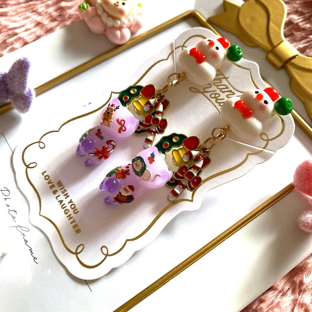 ☆雪だるまとリースが可愛いXmas猫ちゃんイヤリング☆