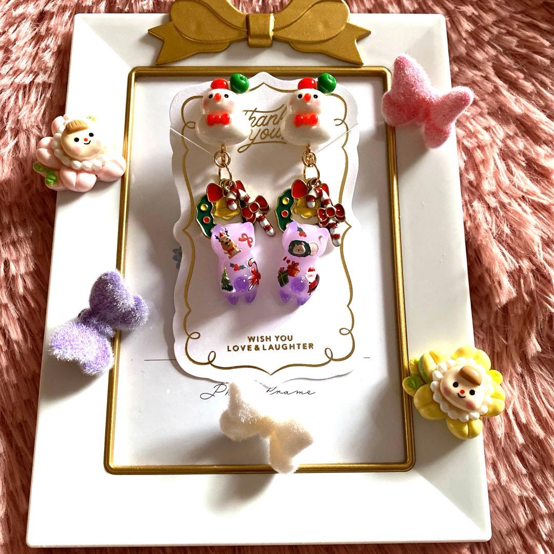 ☆雪だるまとリースが可愛いXmas猫ちゃんイヤリング☆