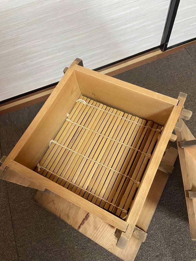 木製角【小】せいろ　アンティーク　レトロ　竹スノコ付き　蒸し器