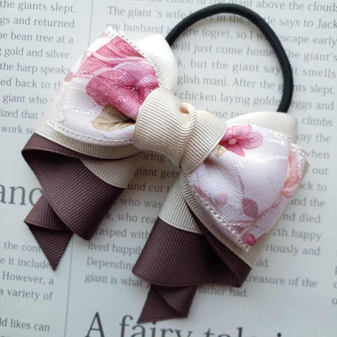 リボン　ヘアゴム♡カノンリボン～long～♡アンティークフラワー♡ハンドメイド