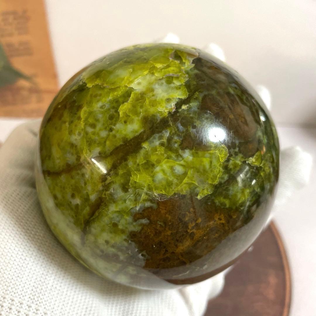 天然石　希少　天然グリーンオパール　　大玉スフィア　78ミリ【台座付き】
