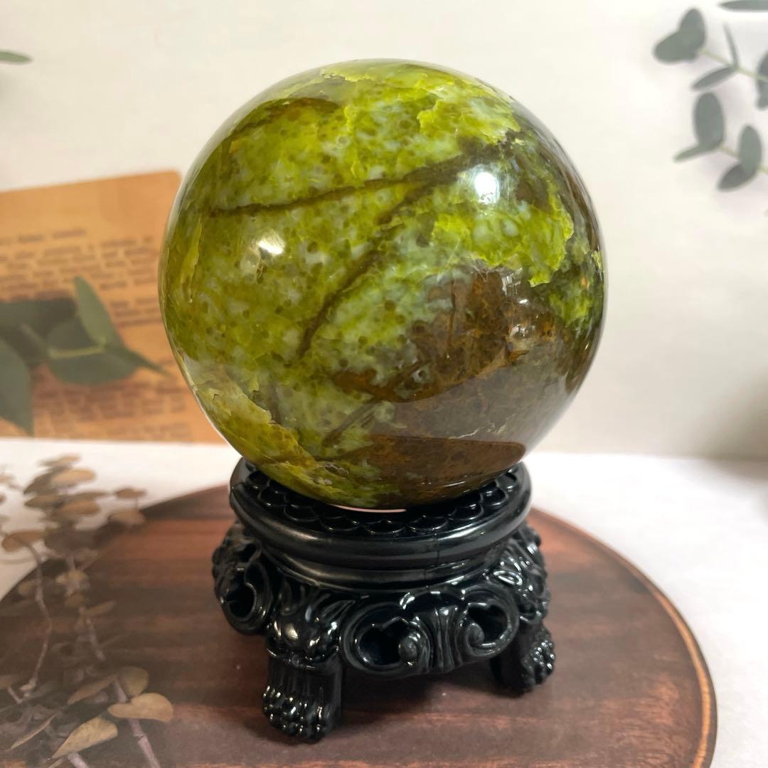天然石　希少　天然グリーンオパール　　大玉スフィア　78ミリ【台座付き】