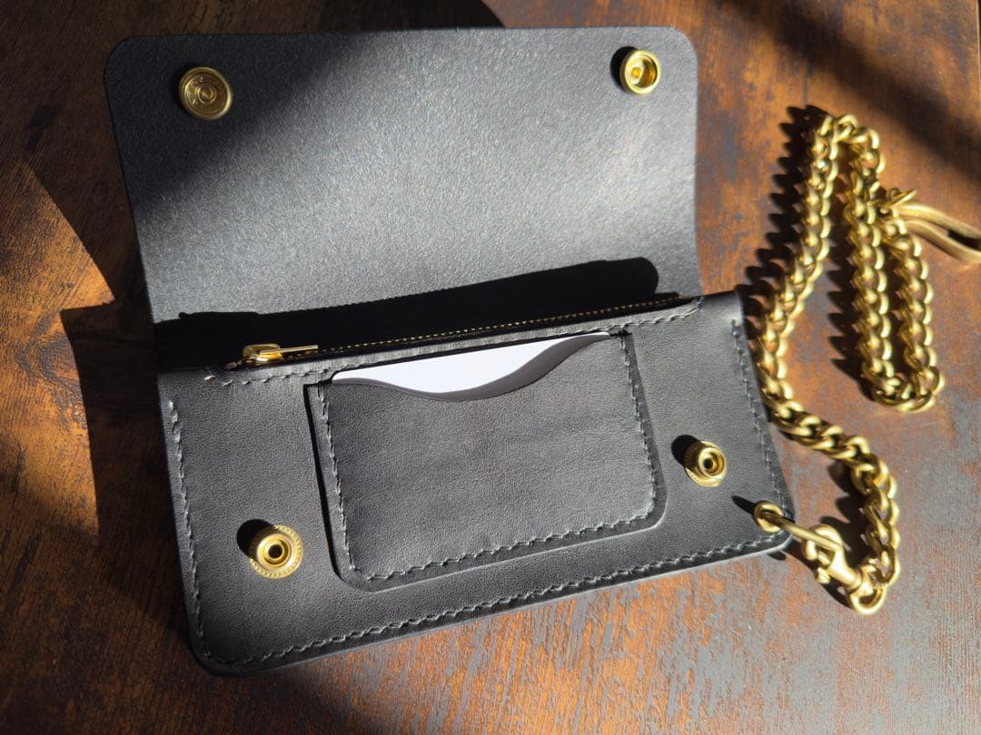 tracker wallet long 【国産ヌメ革】丸染めBLACK三層