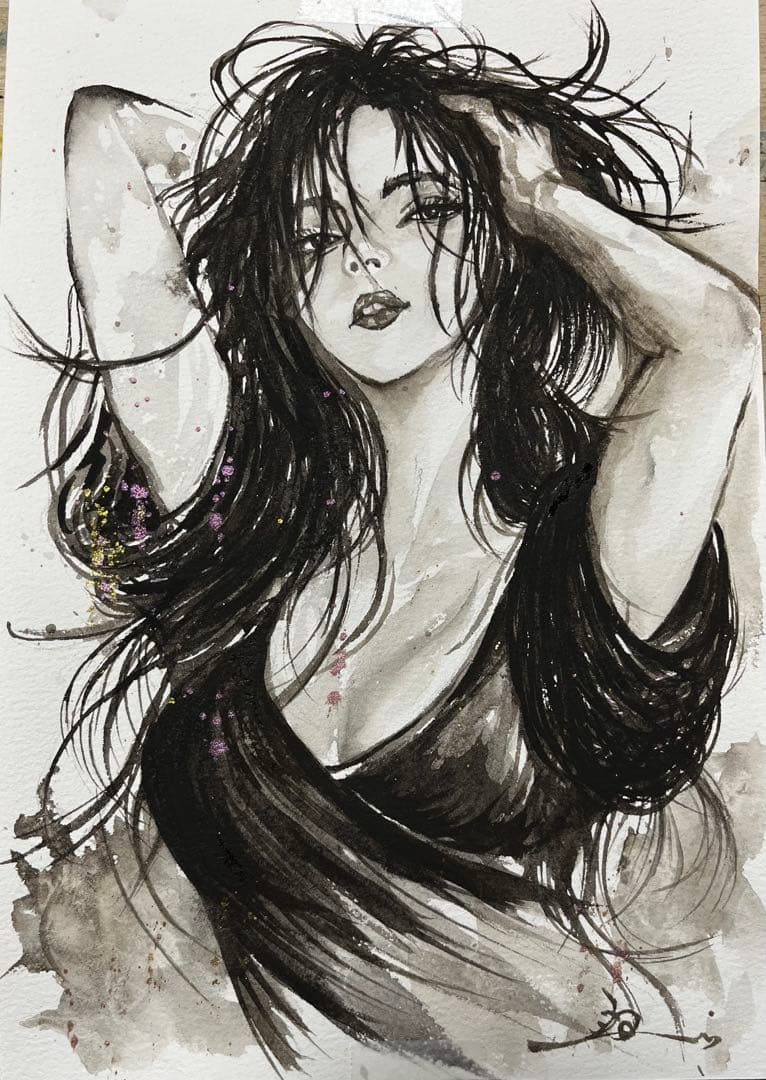 原画 水彩 女性画 三部作 モノクロ×彩色 B5 一点物 インテリア