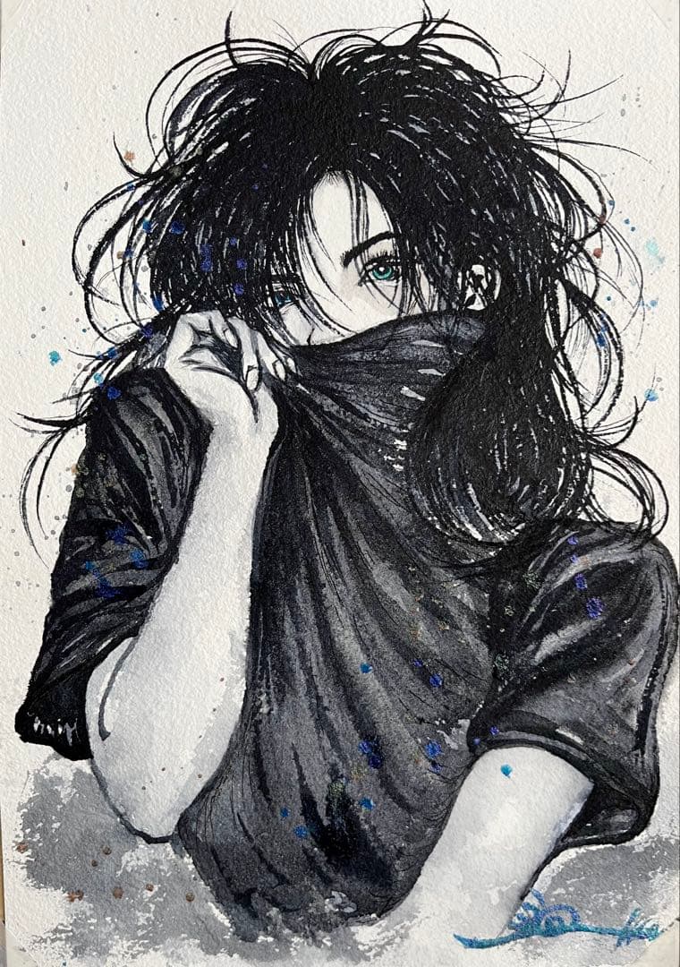 原画 水彩 女性画 三部作 モノクロ×彩色 B5 一点物 インテリア