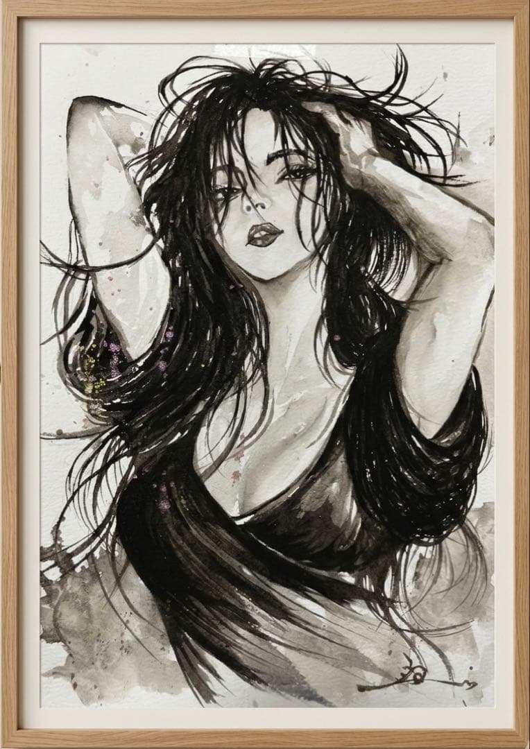 原画 水彩 女性画 三部作 モノクロ×彩色 B5 一点物 インテリア