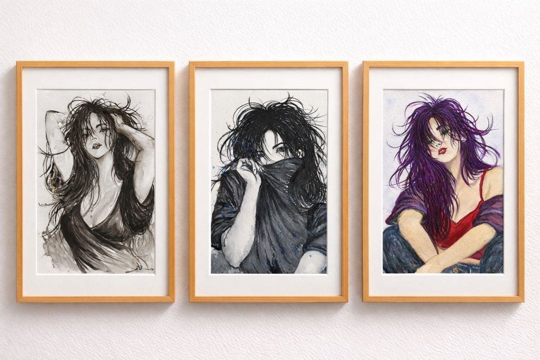 原画 水彩 女性画 三部作 モノクロ×彩色 B5 一点物 インテリア