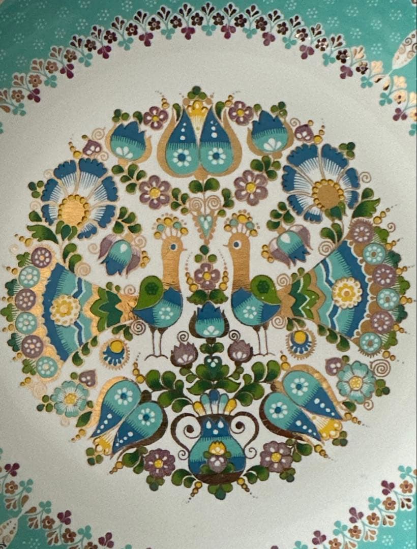 青と緑の花柄大皿ヴィンテージオーストリアンエナメル ウェア飾り皿花と鳥のデザイン