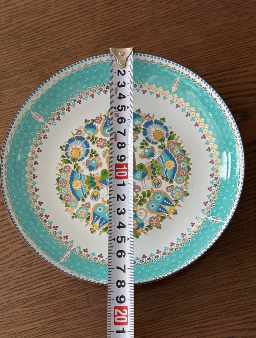 青と緑の花柄大皿ヴィンテージオーストリアンエナメル ウェア飾り皿花と鳥のデザイン