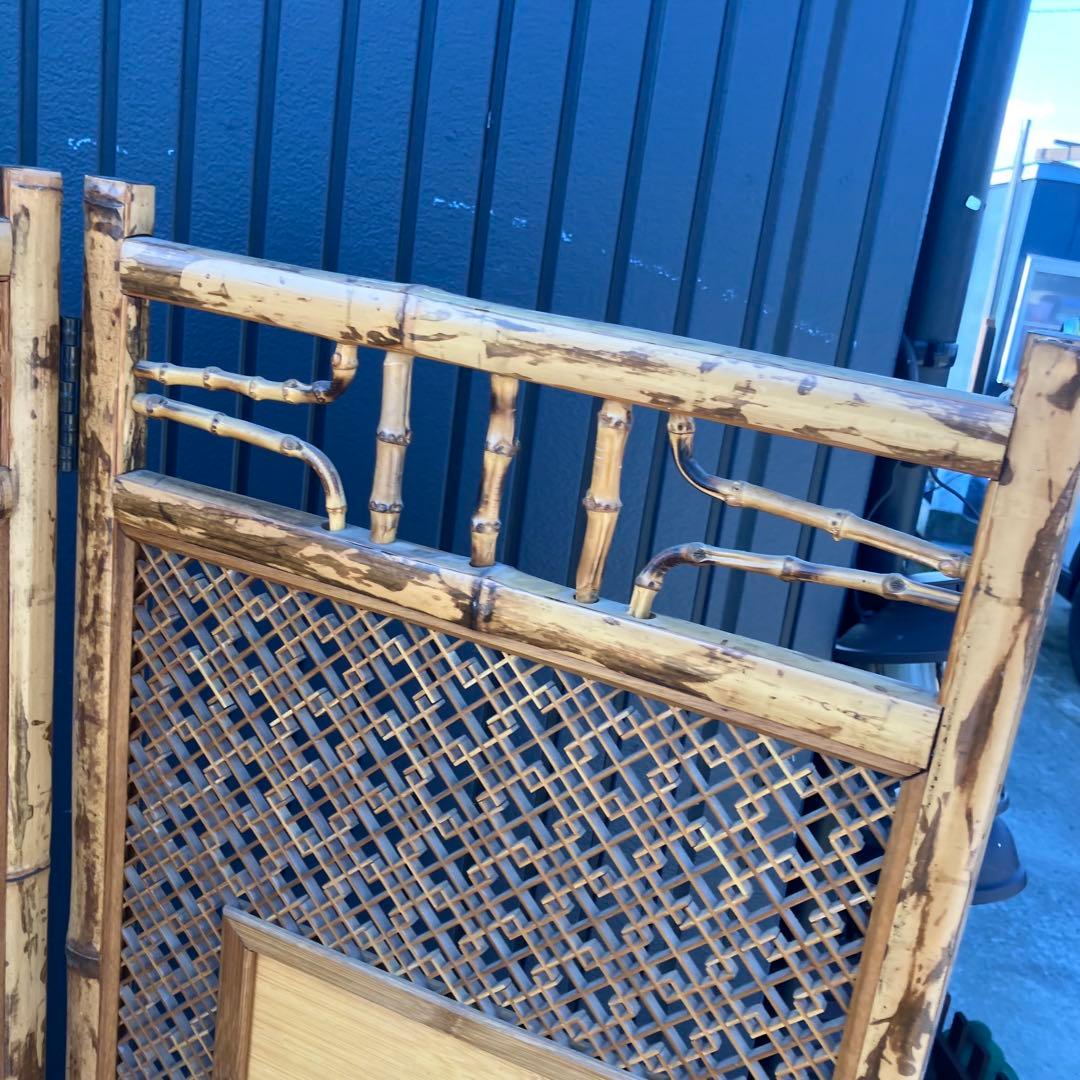 昭和レトロ 竹製格子型屏風 日本画 春夏秋冬草花 4枚 パーテーション 衝立