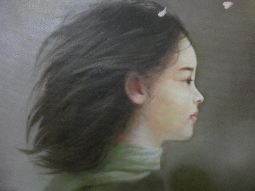 人物画　油絵　藤井勉　風　F6号　額付き　手描き　肉筆