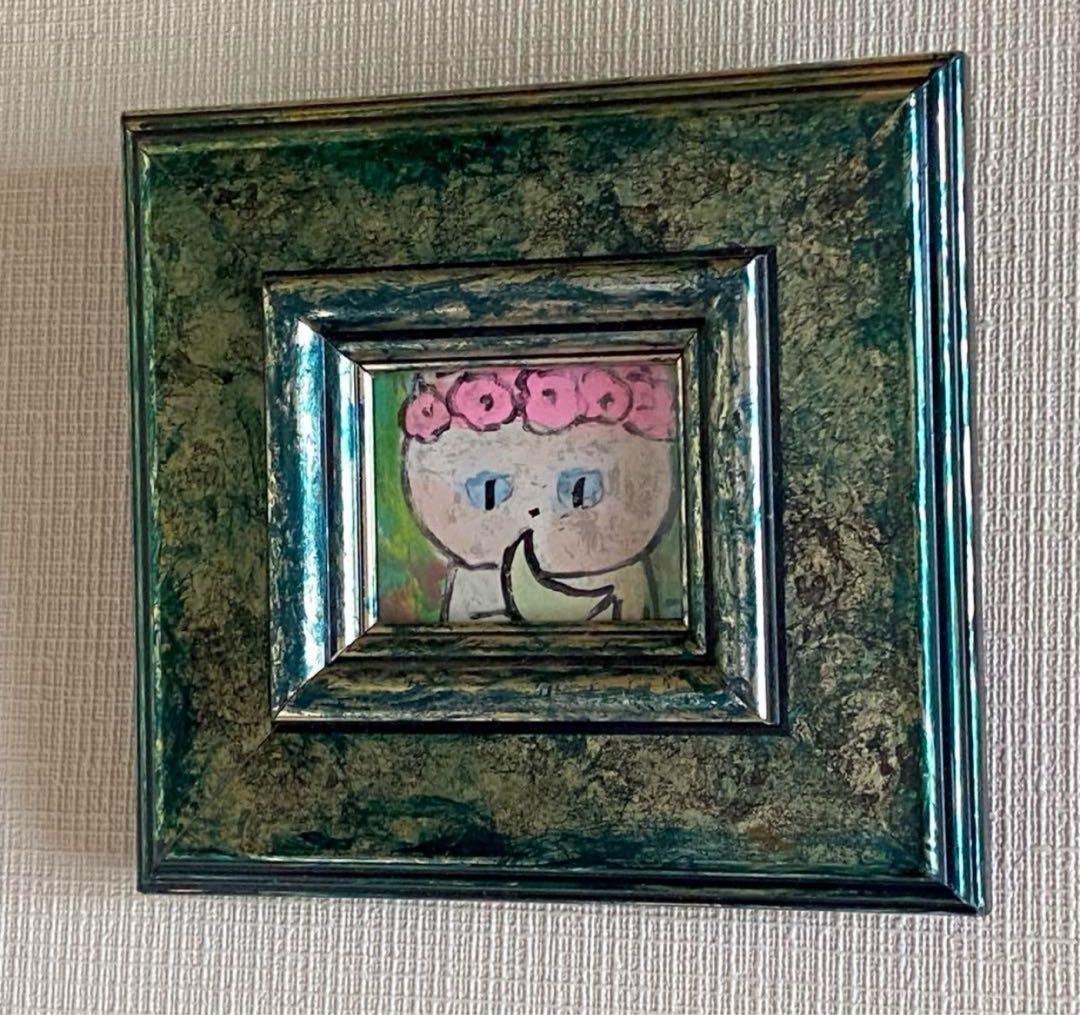 絵画。原画【ピンクの花輪をかぶって持ち、月をかぶった白い猫】