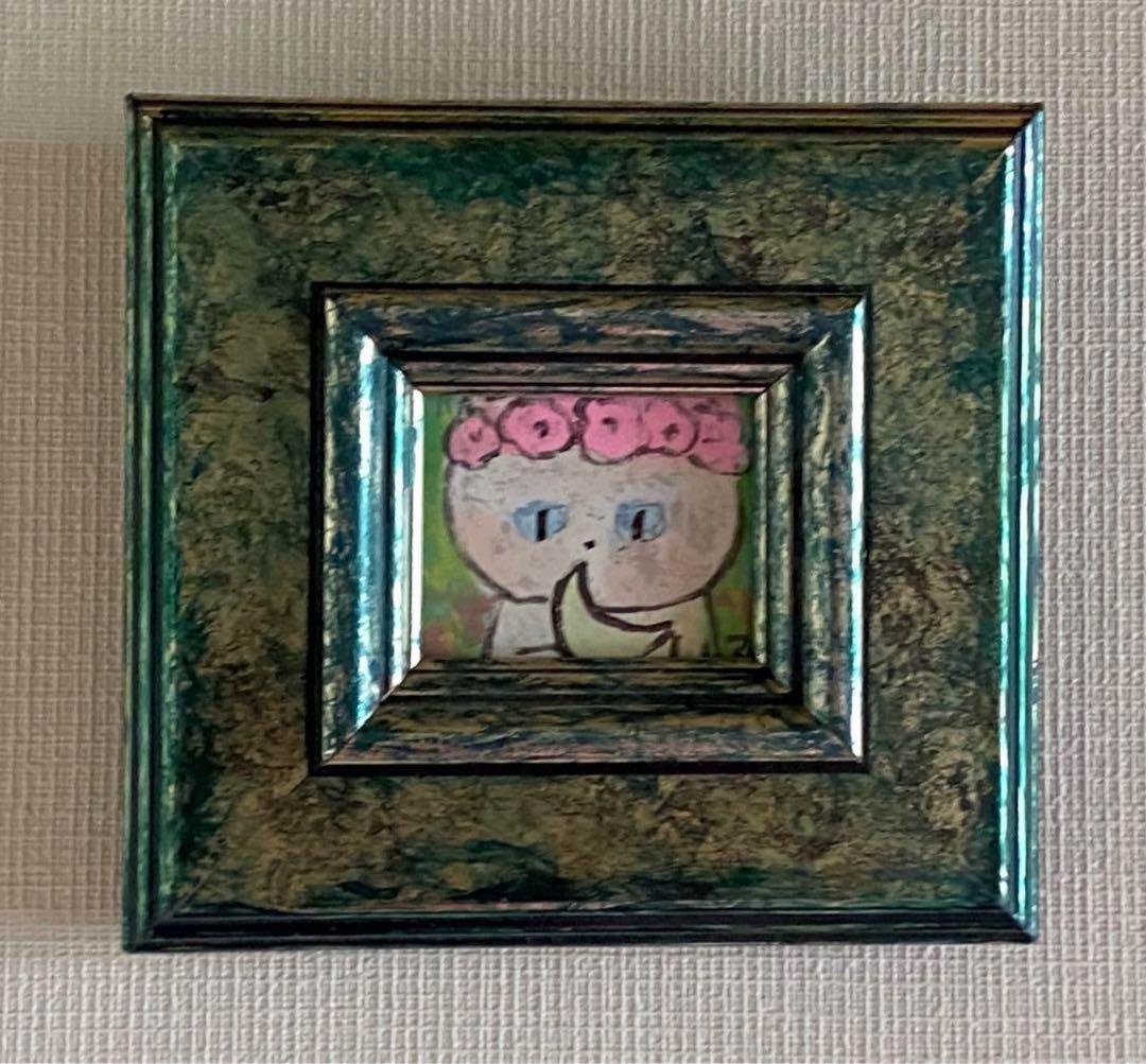 絵画。原画【ピンクの花輪をかぶって持ち、月をかぶった白い猫】