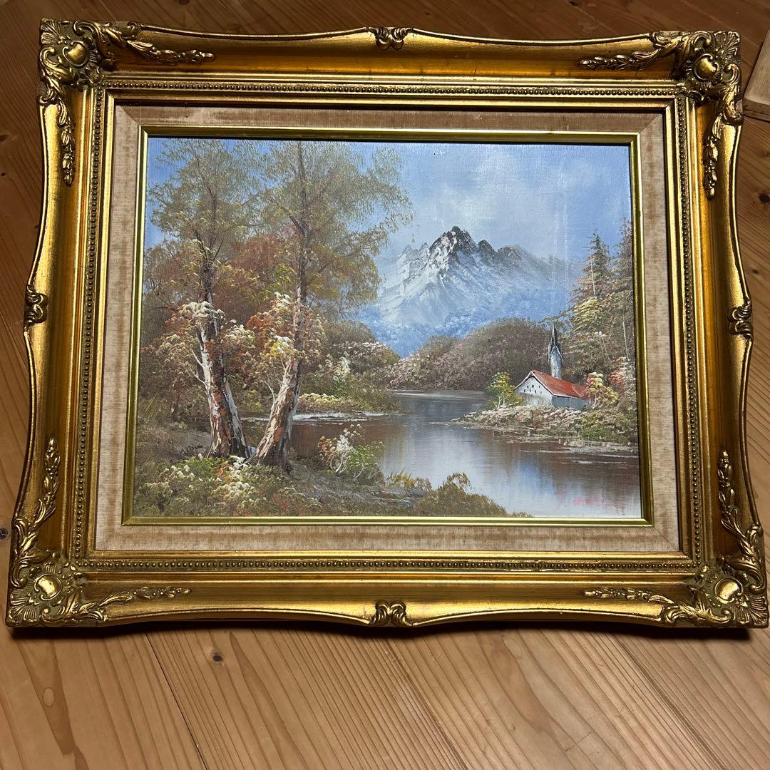 アンティーク 山水 油彩画 油絵 風景画 金縁 絵画 オブジェ アート