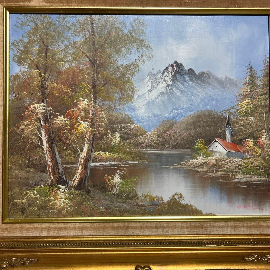 アンティーク 山水 油彩画 油絵 風景画 金縁 絵画 オブジェ アート