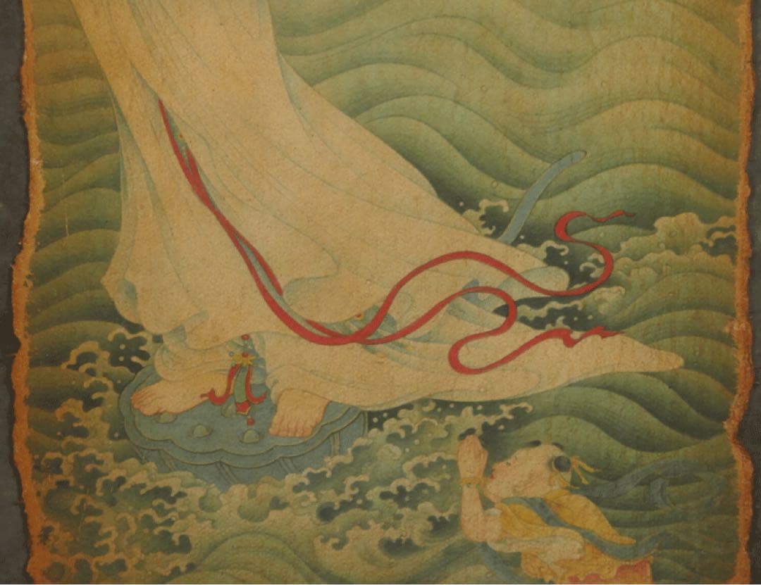 ★名品　【敦煌莫高窟壁画 観音菩薩像 】中國 石窟寺院 高麗仏画 水月観音