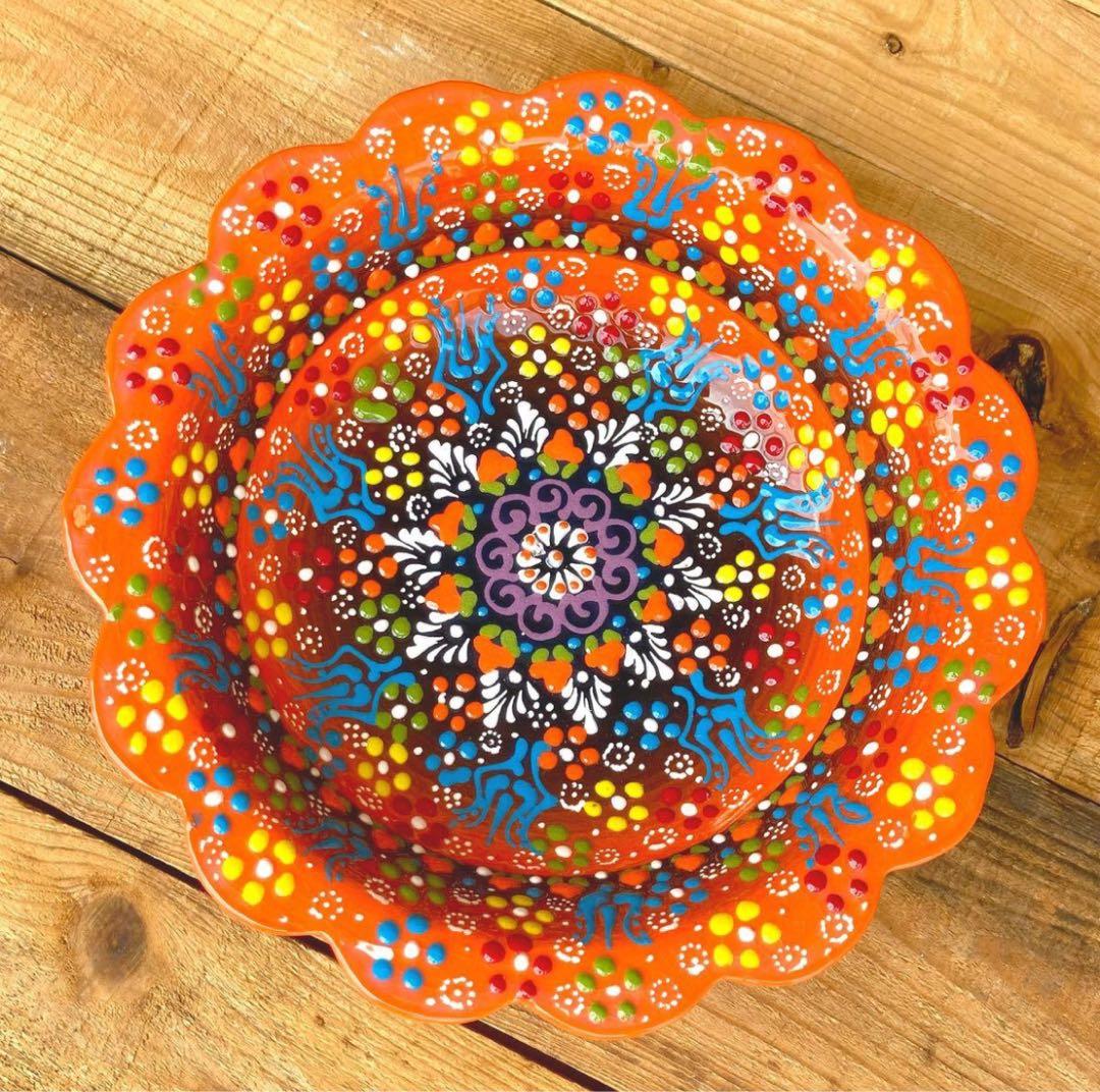 22cm☆新品☆【トルコ】ボウル 皿＊オレンジ＊ ハンドメイド キュタフヤ 陶器