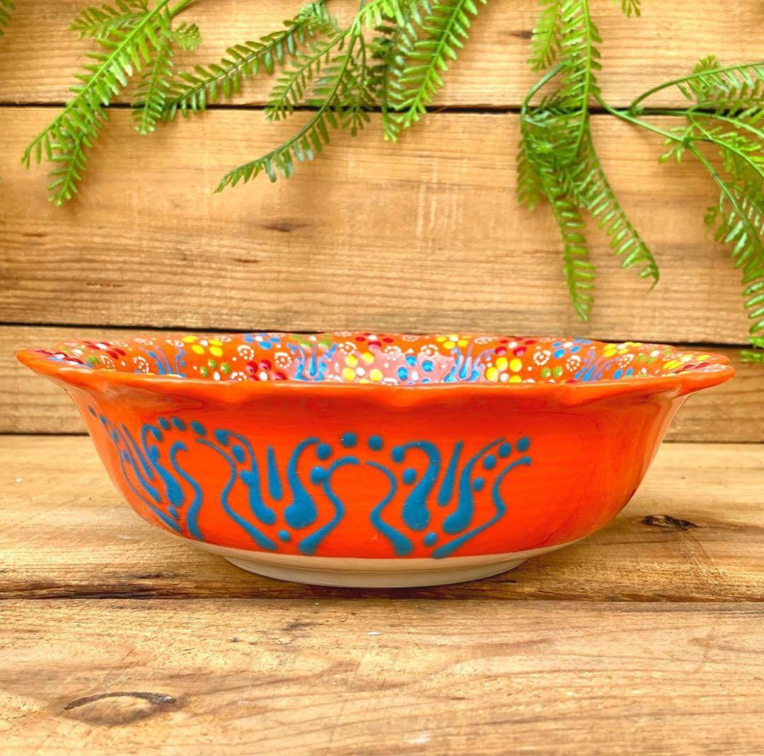 22cm☆新品☆【トルコ】ボウル 皿＊オレンジ＊ ハンドメイド キュタフヤ 陶器