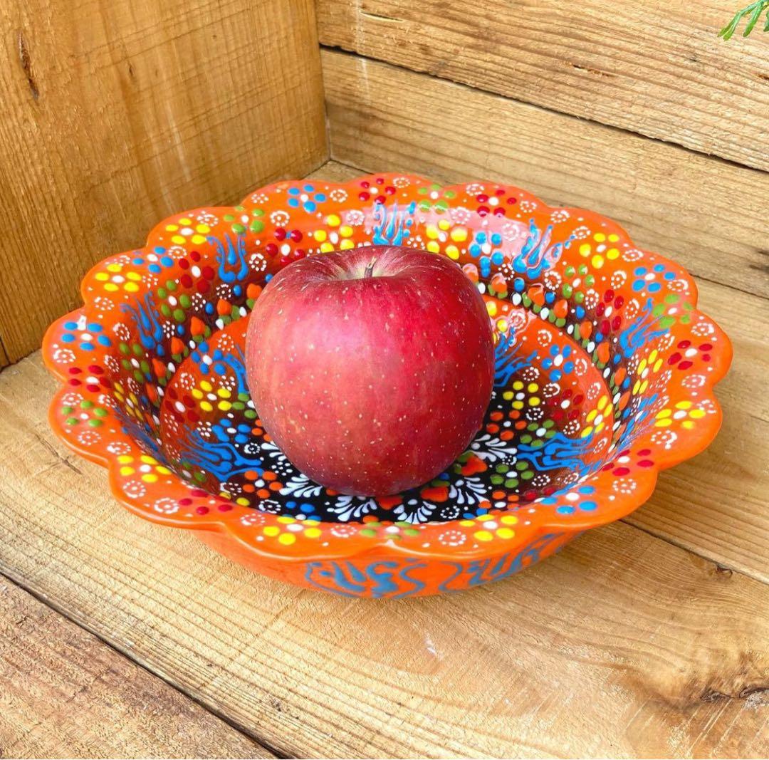22cm☆新品☆【トルコ】ボウル 皿＊オレンジ＊ ハンドメイド キュタフヤ 陶器
