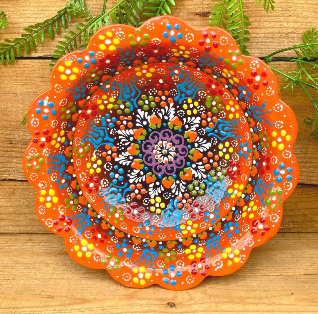 22cm☆新品☆【トルコ】ボウル 皿＊オレンジ＊ ハンドメイド キュタフヤ 陶器