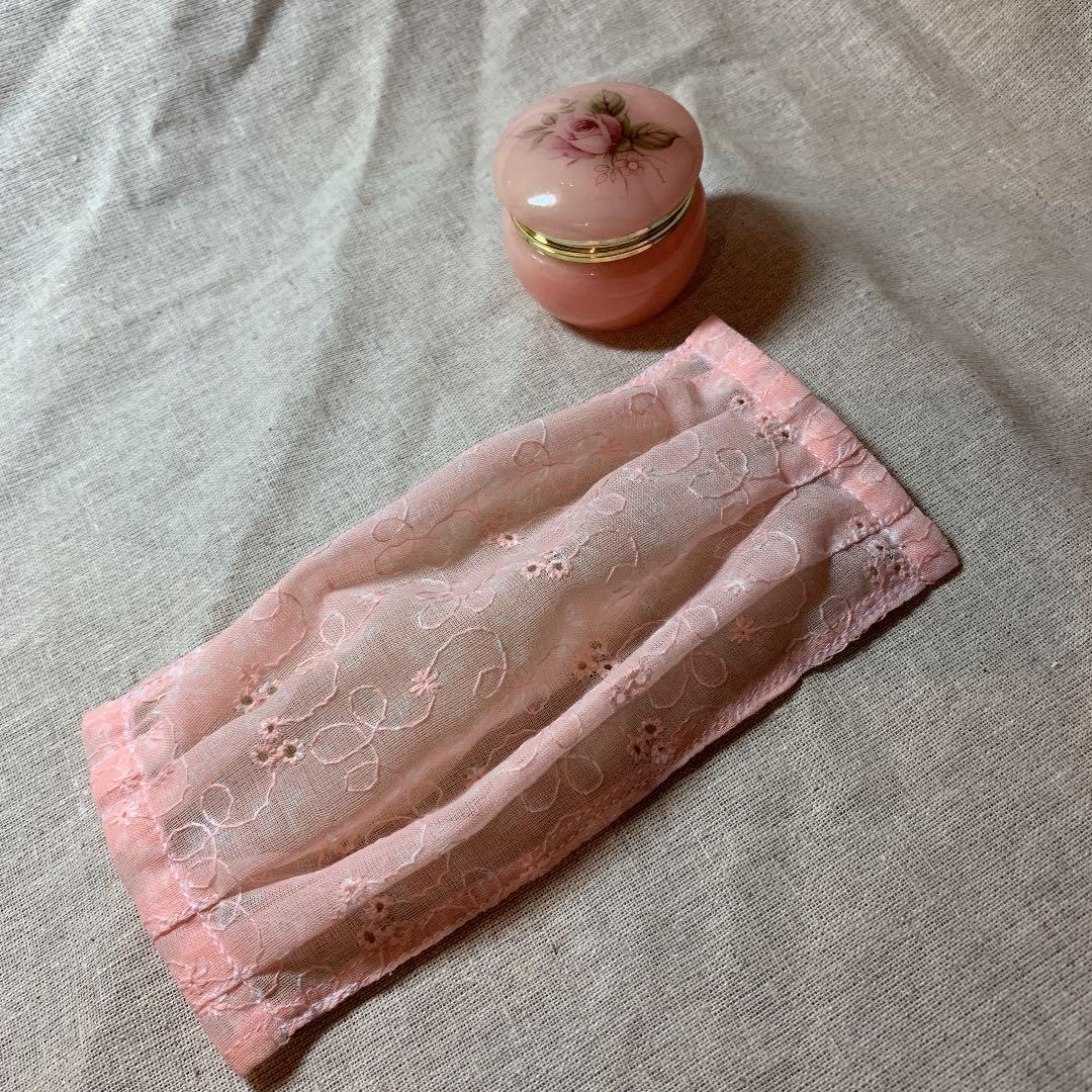 マスクカバー　夏向　レース生地　ピンク　4ギャザー入り　2way