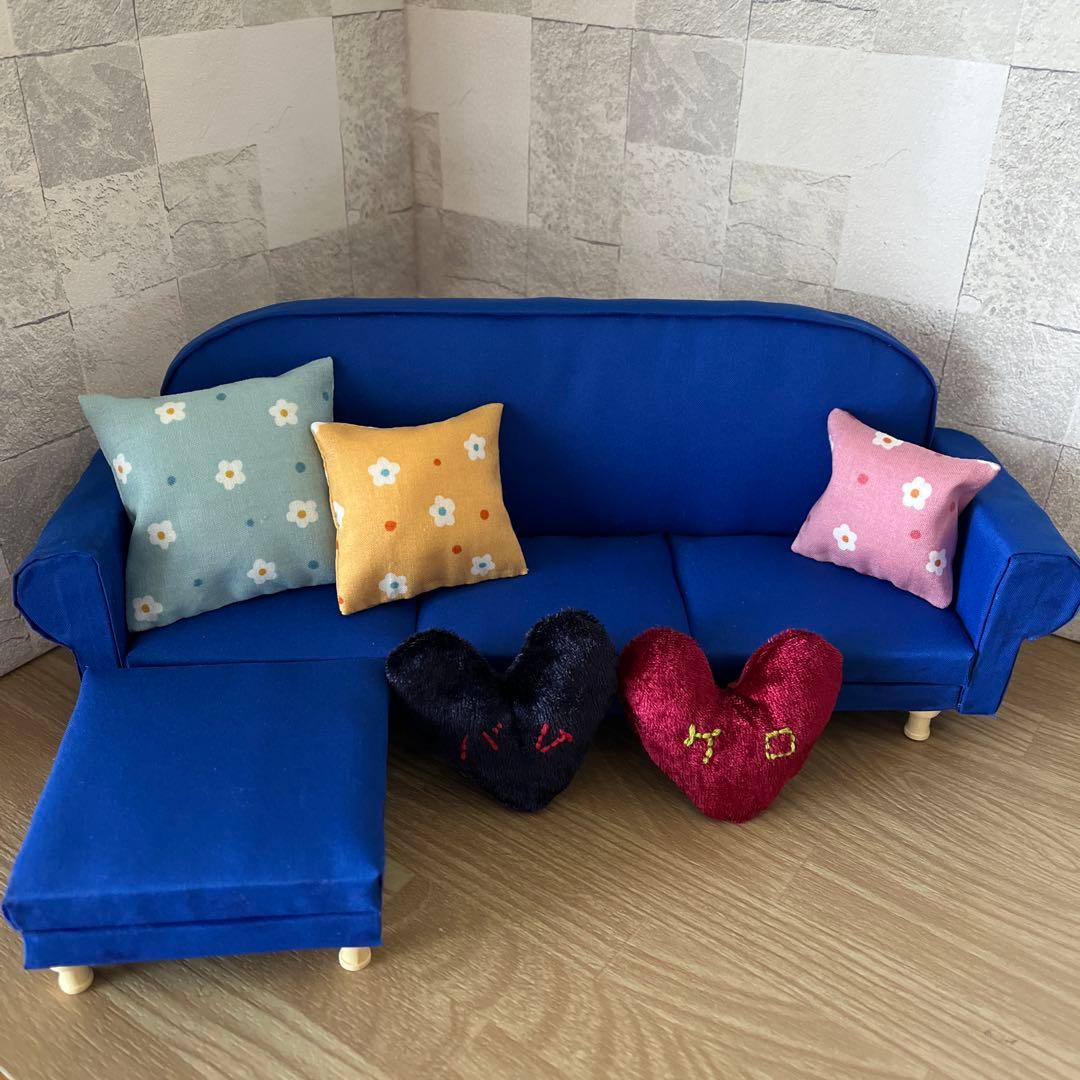 ミニチュア家具　ドール用ソファー【3人掛け×青　オットマン】