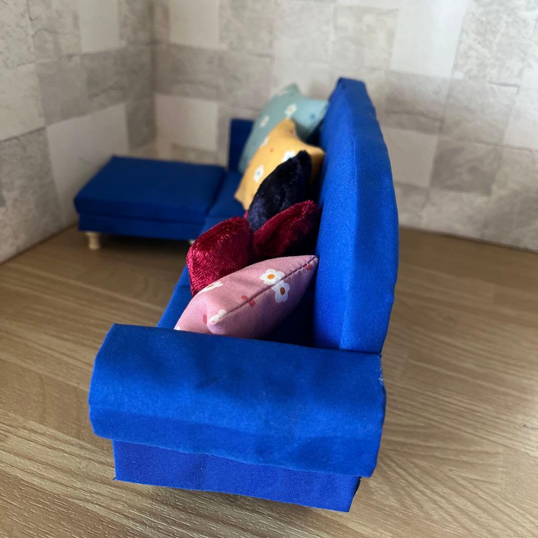 ミニチュア家具　ドール用ソファー【3人掛け×青　オットマン】