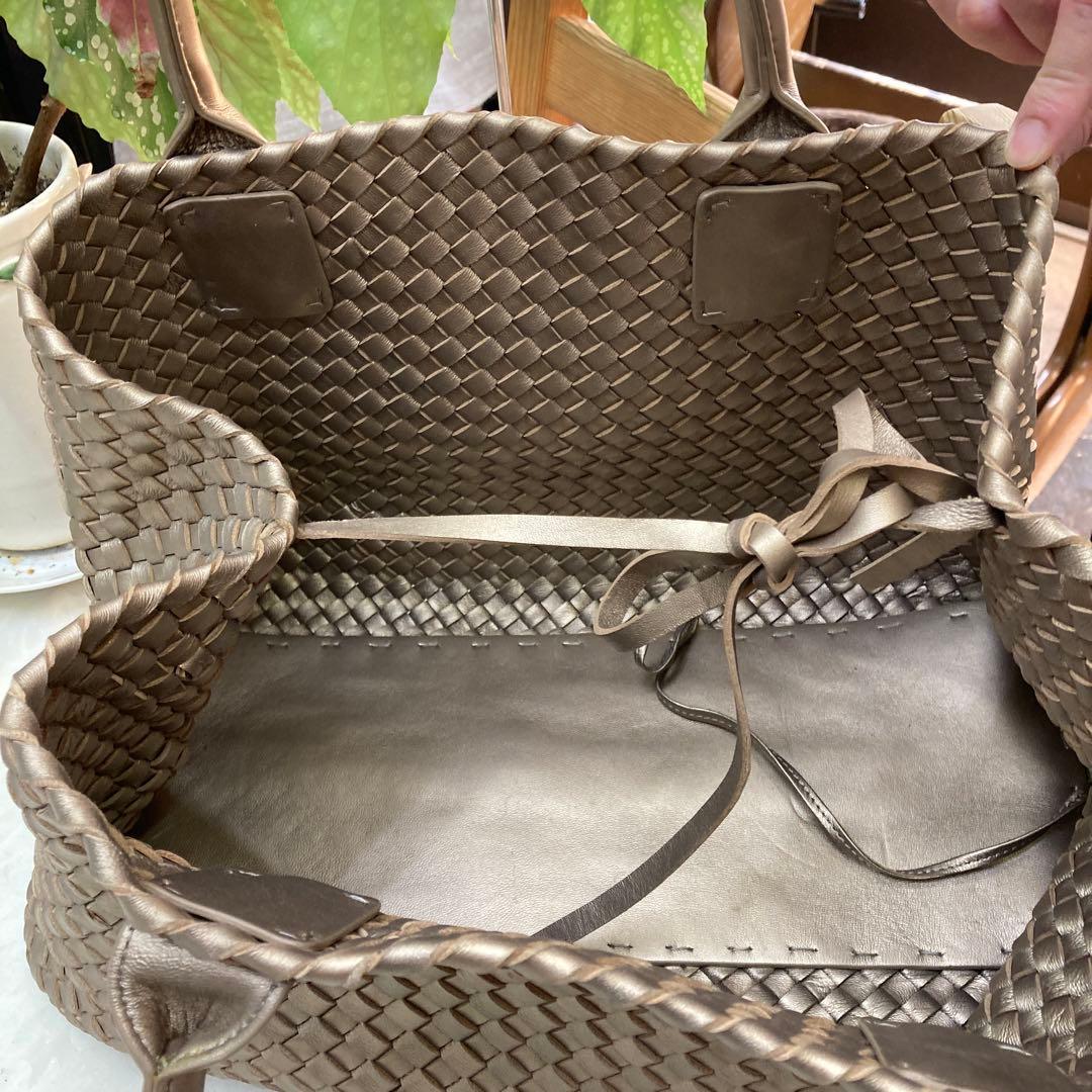 ハンドメイド ゴールド 編み込みレザー かごバッグ