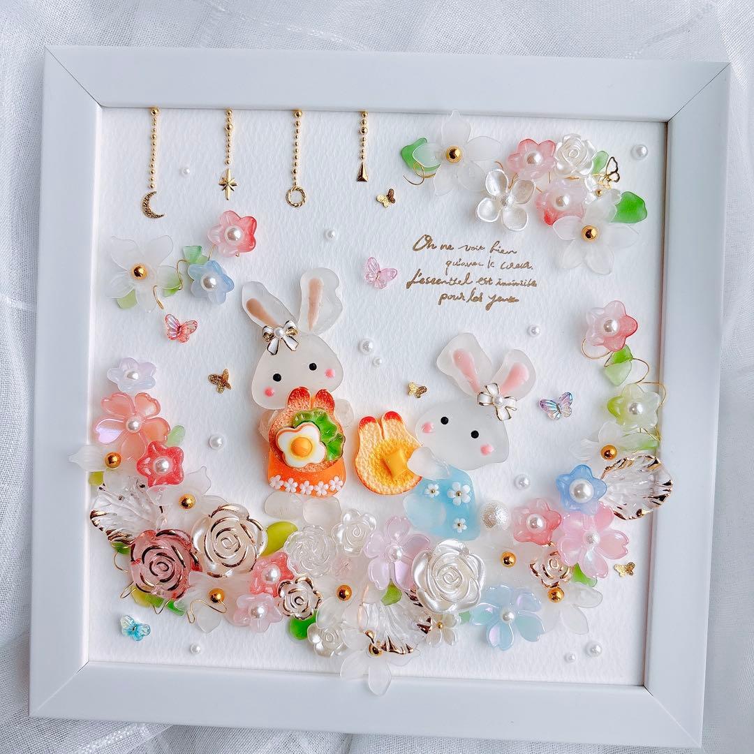 シーグラスアート　うさぎ　雑貨　インテリア　可愛い　花　パステル