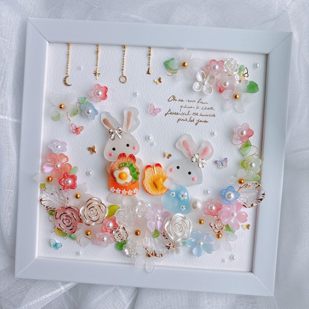 シーグラスアート　うさぎ　雑貨　インテリア　可愛い　花　パステル