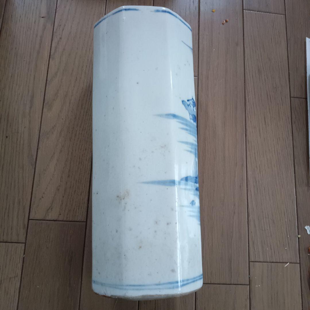 青と白の風景画 陶器花瓶 八角形