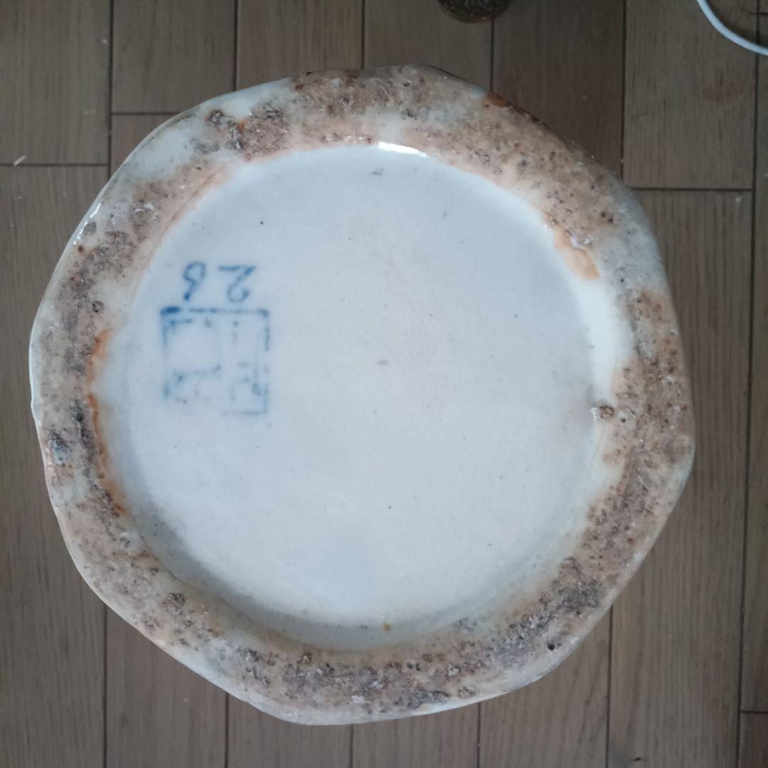 青と白の風景画 陶器花瓶 八角形